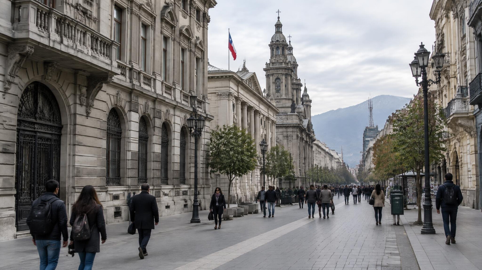 Historic street with old buildings in downtown Santiago, Chile
